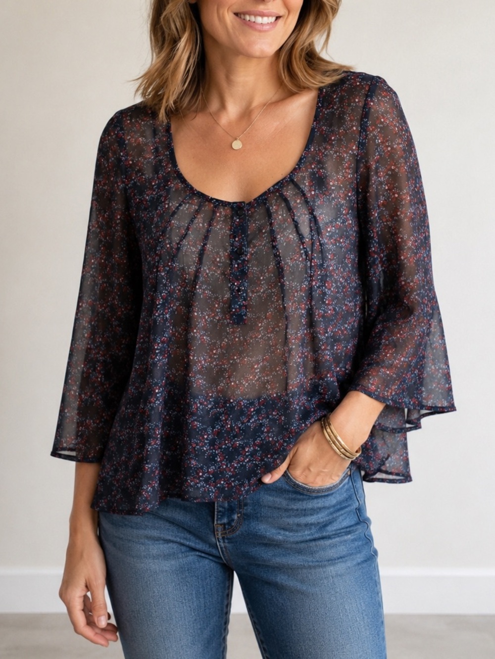 Anthropologie Suzina Sheer Floral‎ Multi-Print Boho Blouse | Medium